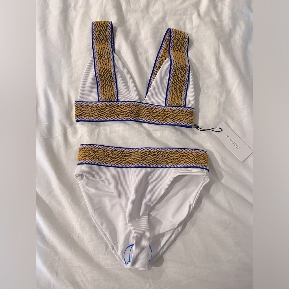 Elysiian White, Blue, and Gold Bikini Set NWT, size Small